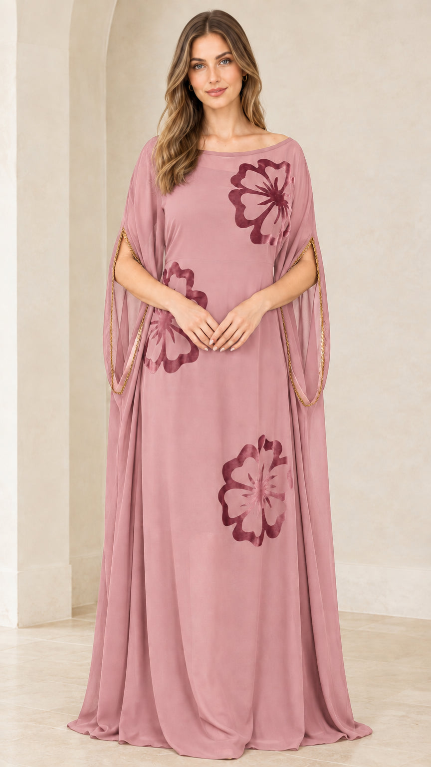 Front view of model wearing Dusty Rose pink floral applique kaftan maxi gown