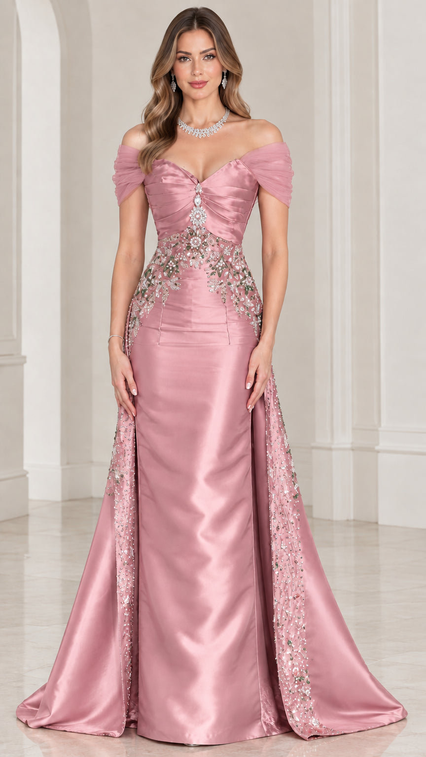 Front view of dusty rose satin formal gown with crystal waist detailing
