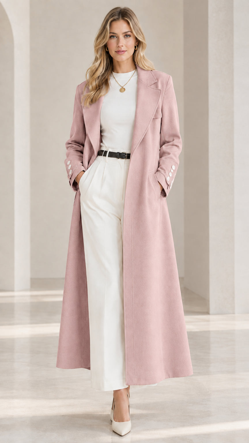 Full-length front view of model wearing the tailored maxi trench coat in dusty pink