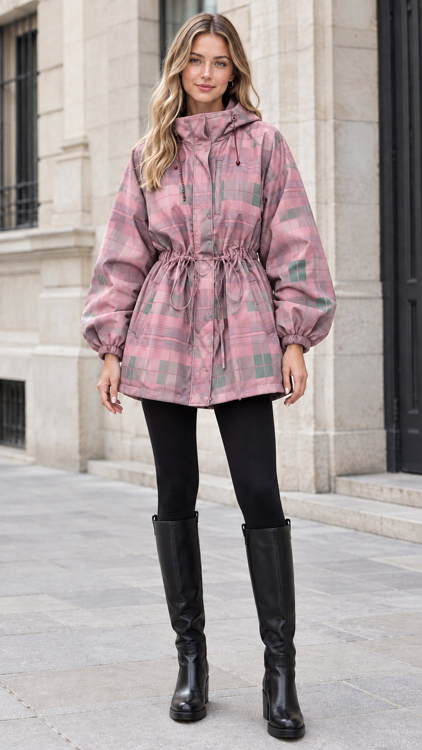 Woman wearing dusty pink plaid hooded drawstring parka jacket with black leggings and boots