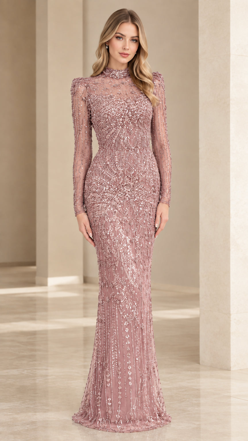 Full-length front view of woman wearing dusty rose sequin embellished formal gown