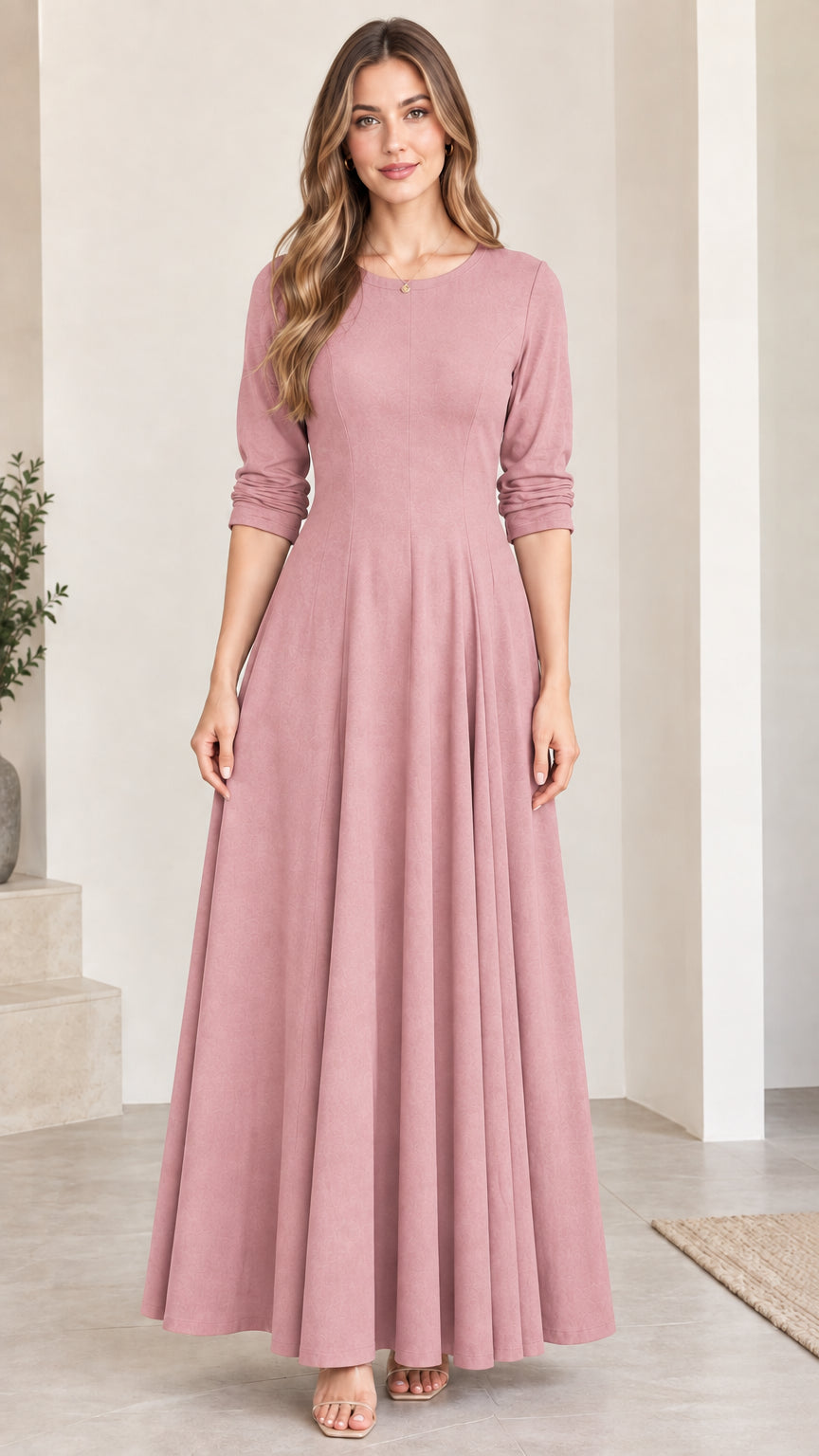 Front view of woman wearing modest dusty pink A-line maxi dress