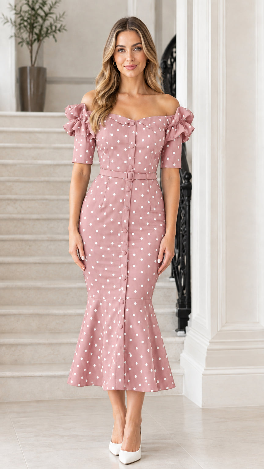 Front view of dusty pink polka dot off-the-shoulder mermaid midi dress