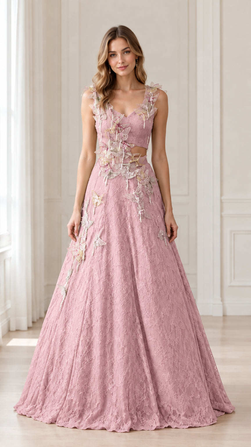 Front view of woman wearing Dusty Pink 3D butterfly lace cutout evening gown