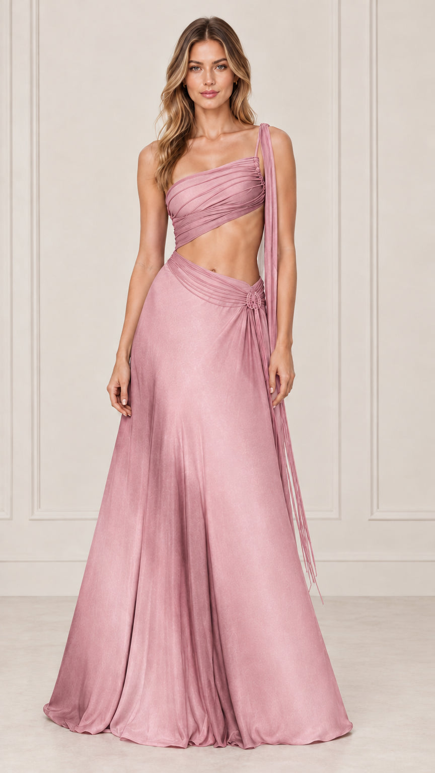 Front view of model wearing dusty rose pink one-shoulder cutout formal maxi gown