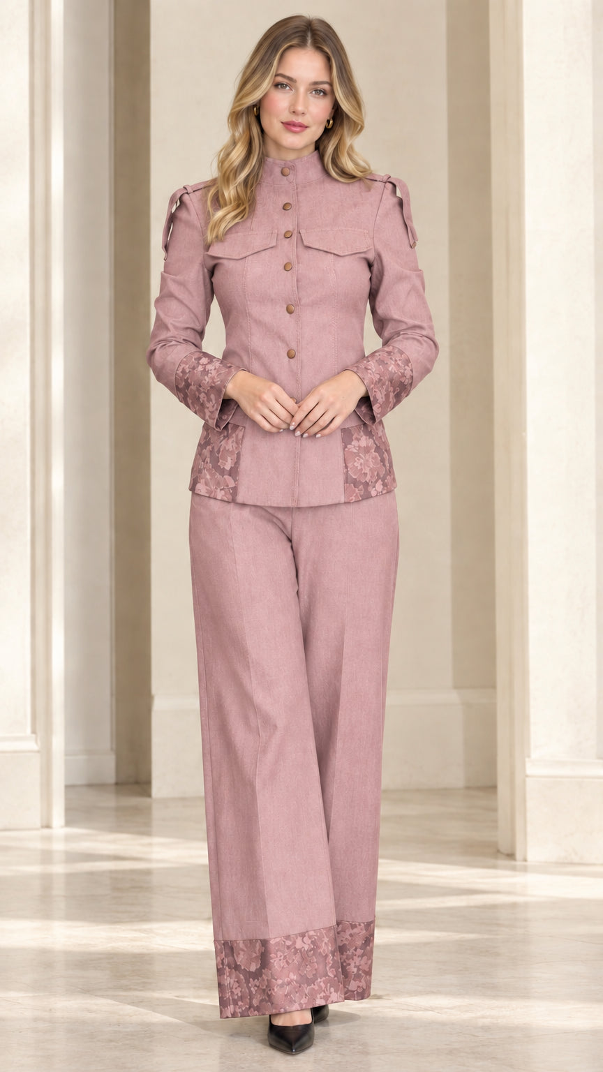 Full front view of dusty rose pink two-piece jacket and wide-leg pant set with floral jacquard trim
