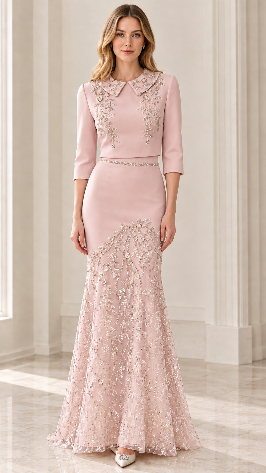Front view of model wearing Blush Pink embroidered mermaid formal gown