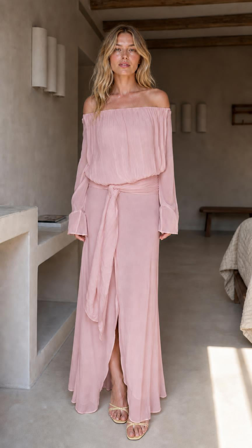 Front view of pink off-the-shoulder chiffon maxi dress