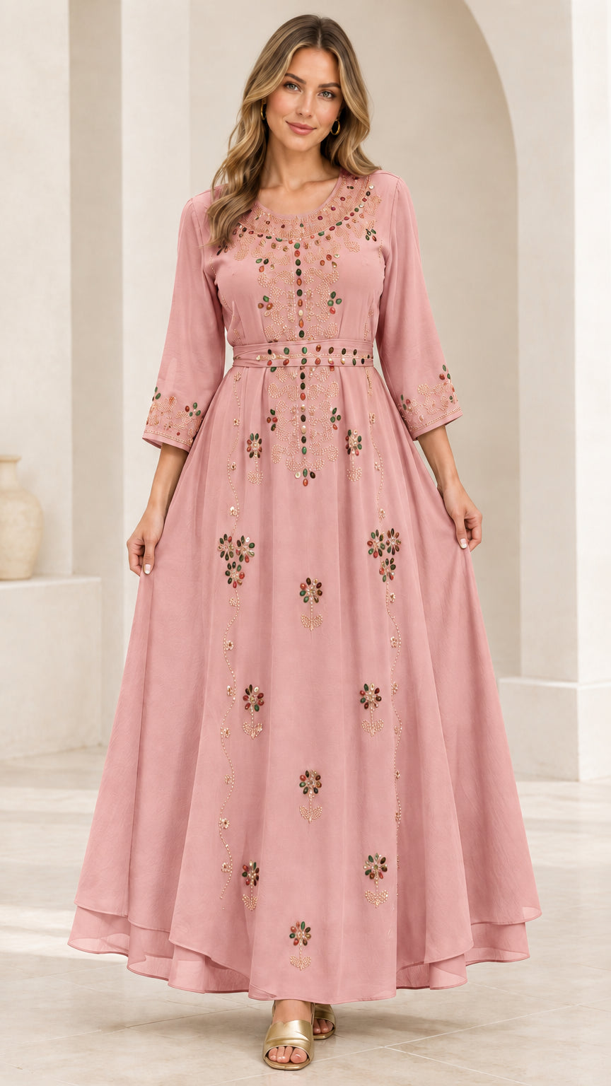 Front full-length view of woman wearing Dusty Pink beaded A-line maxi gown