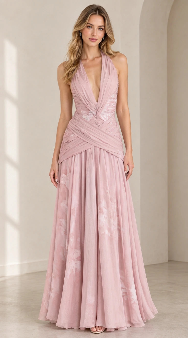 Front view of dusty pink pleated plunge halter evening gown