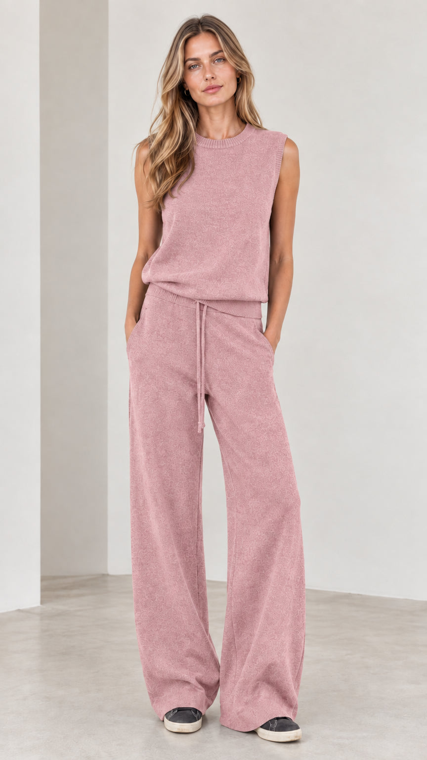 Full-body view of woman wearing Dusty Pink sleeveless top and wide-leg knit pants set