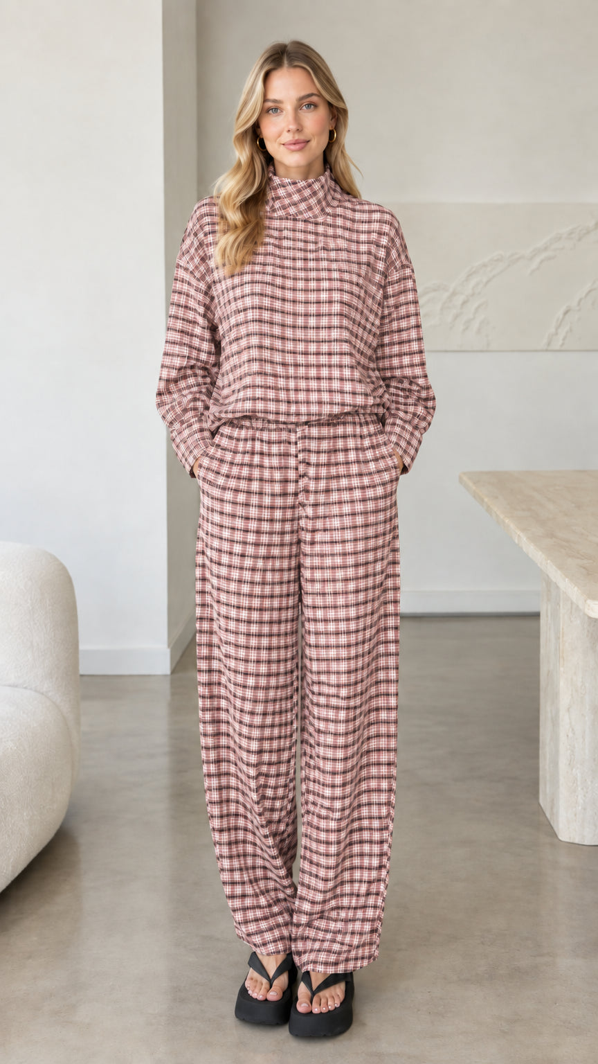 Front view of woman wearing dusty rose pink plaid matching two-piece set