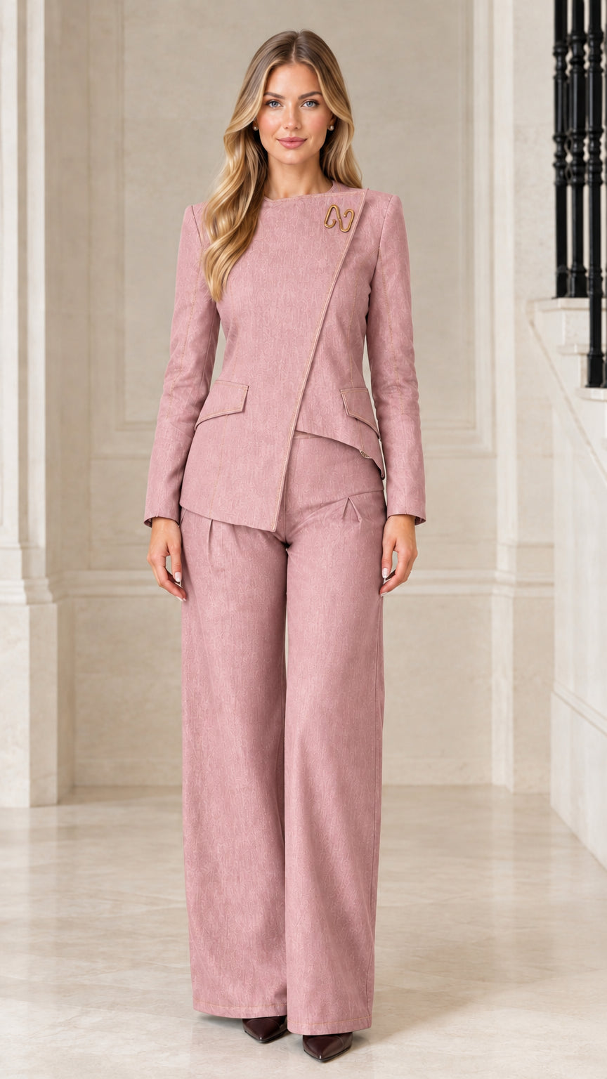 Front view of model wearing Dusty Pink asymmetric blazer and wide-leg trousers set