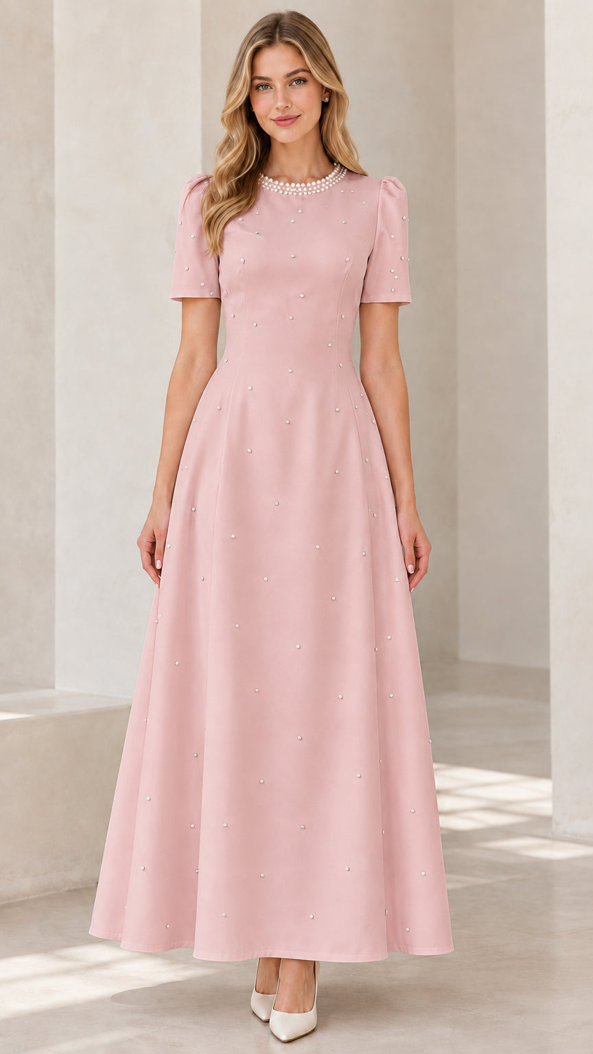 Front view of blush pink pearl-embellished short sleeve A-line maxi dress