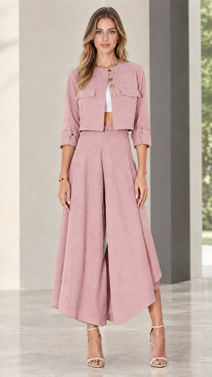 Model wearing dusty pink cropped jacket and pleated wide-leg pants