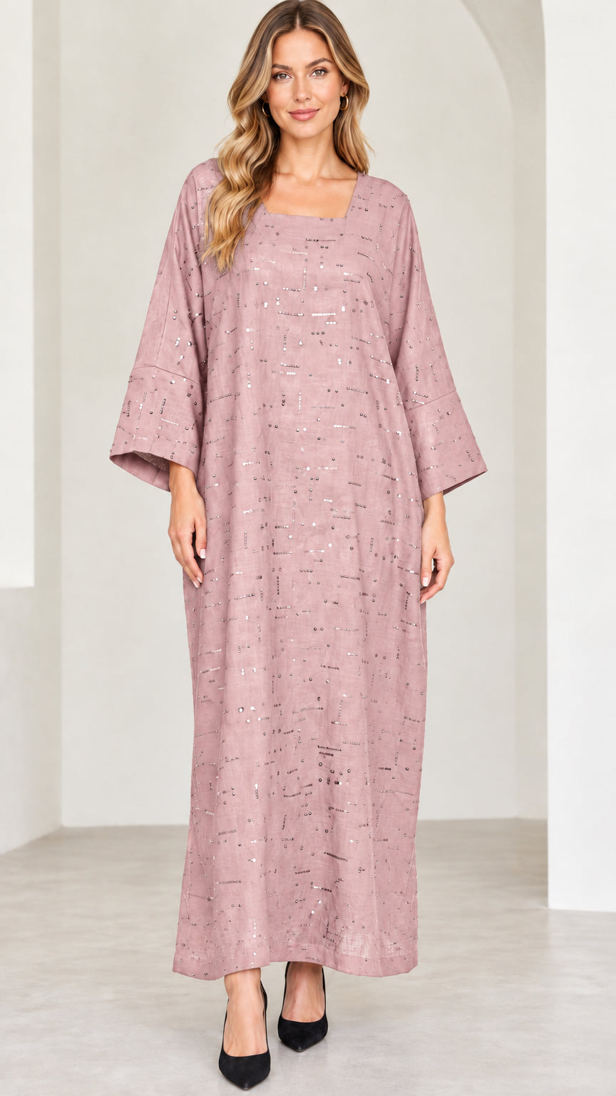 Model wearing dusty pink square neck sequin embellished maxi dress