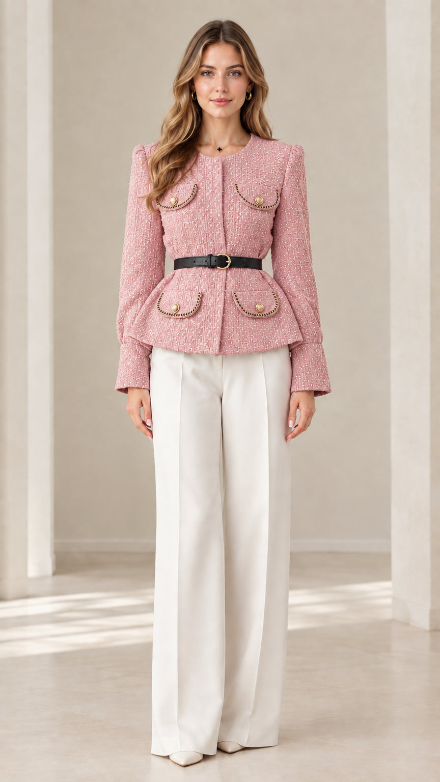 Front view of model wearing pastel pink tweed belted peplum jacket