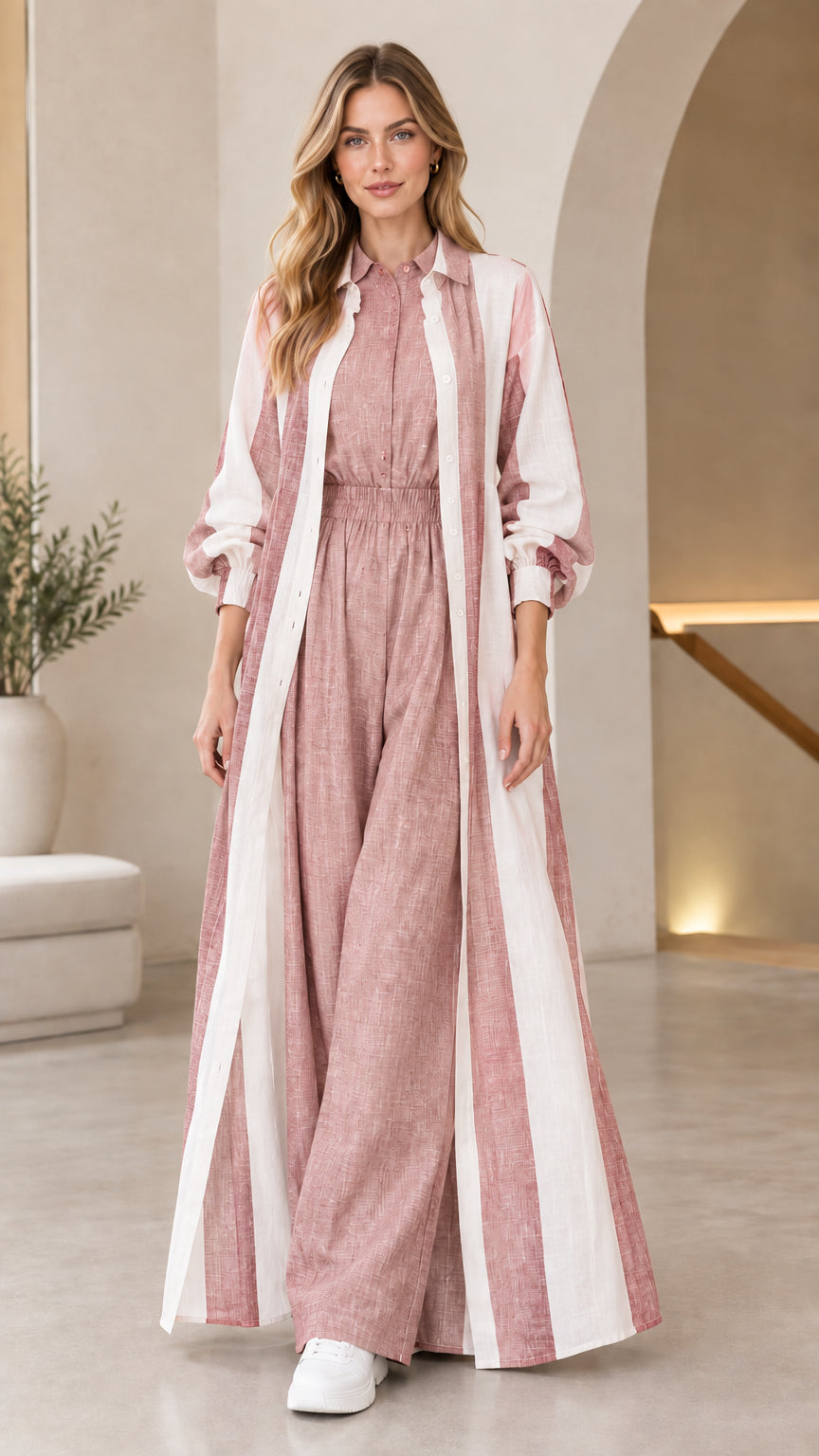 Full front view of dusty rose pink collared jumpsuit and striped maxi duster set