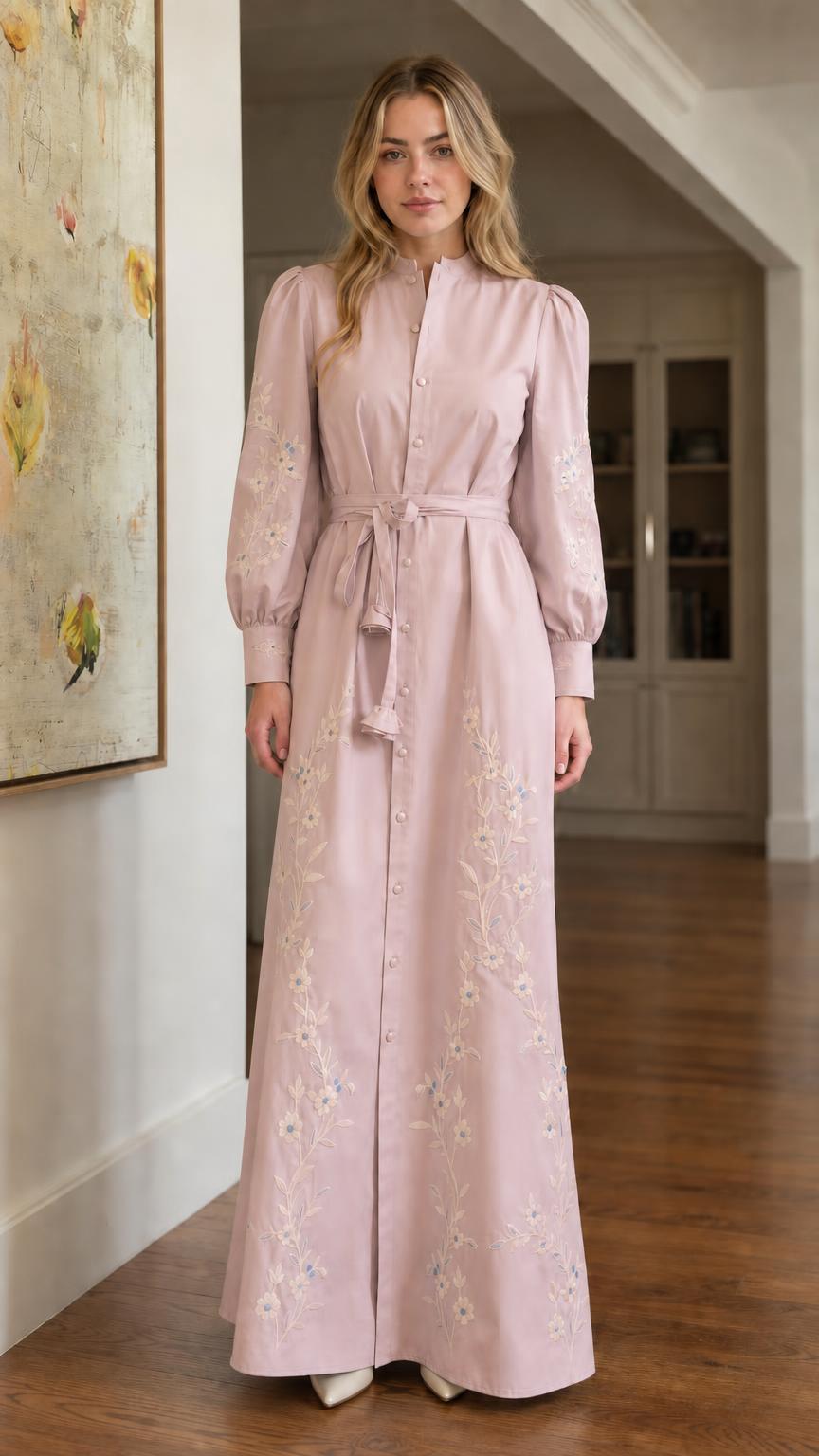 Front view of pink floral embroidered maxi dress