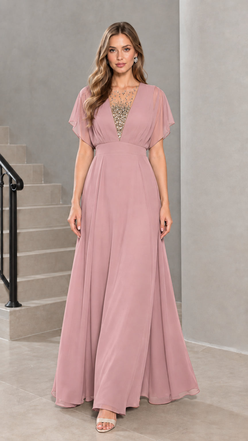 Front view of model wearing dusty rose flutter sleeve chiffon evening gown