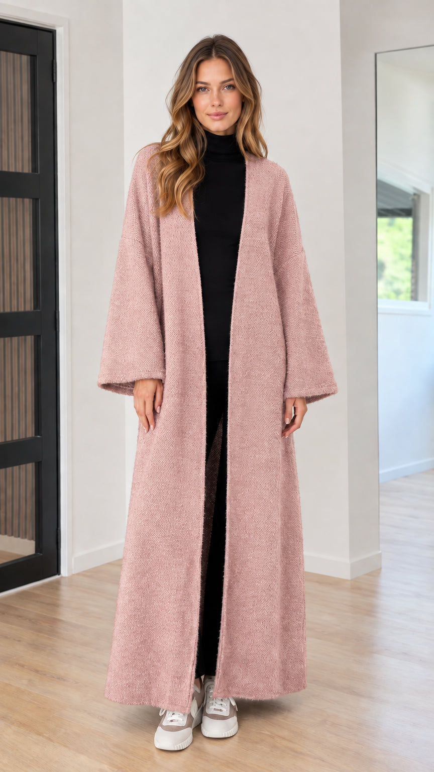 Model wearing dusty pink longline open-front knit maxi duster cardigan