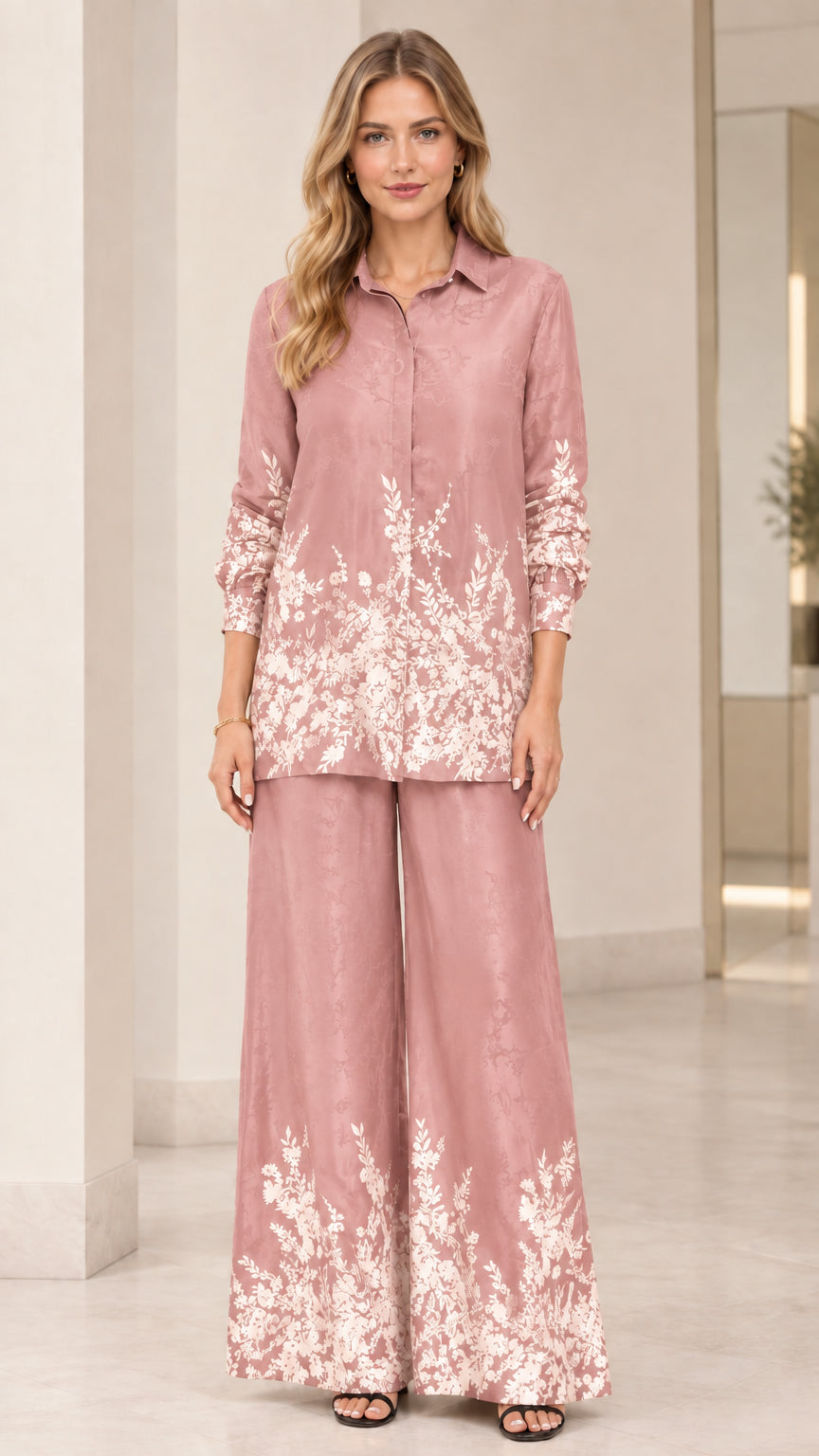 Front full view of women's floral satin two-piece pant set in dusty pink