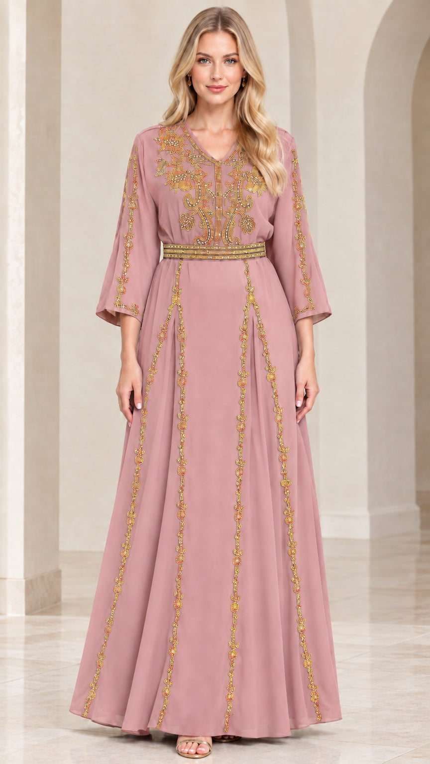 Dusty pink embroidered V-neck maxi dress with gold accents