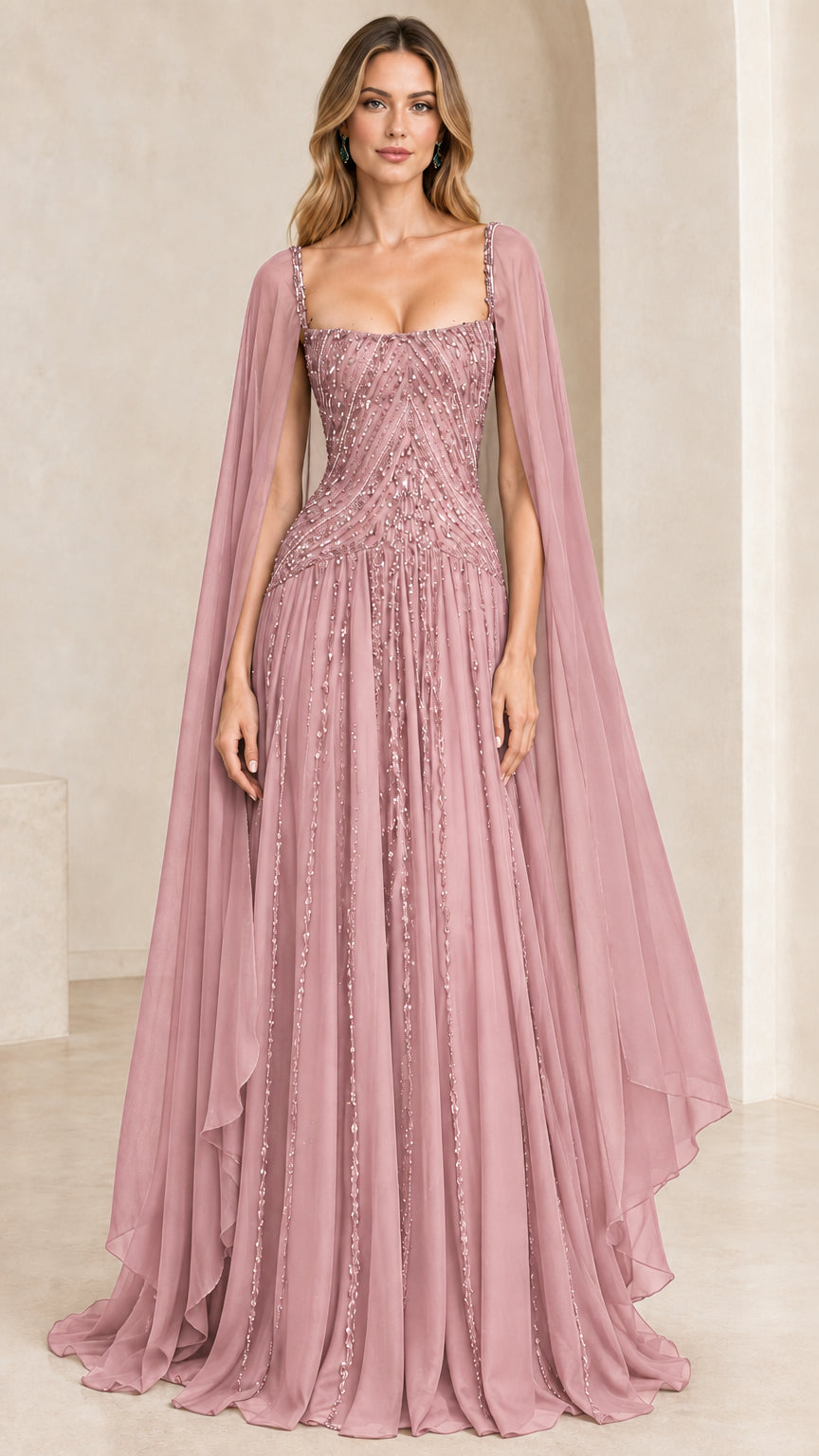 Front view of dusty rose pink beaded cape evening maxi dress