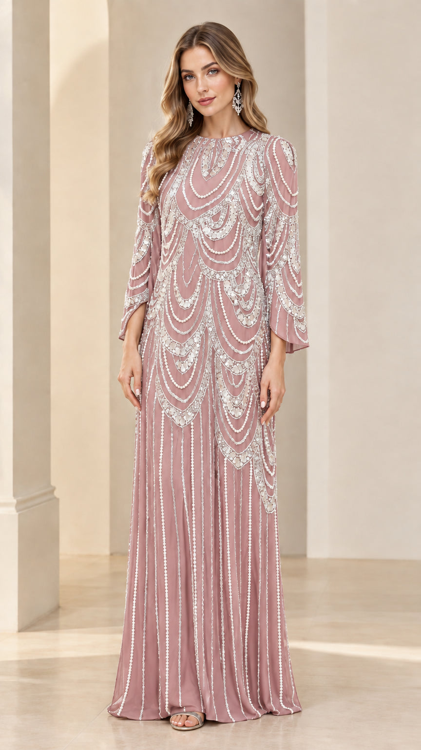 Front full-length view of dusty rose sequin embellished maxi evening gown