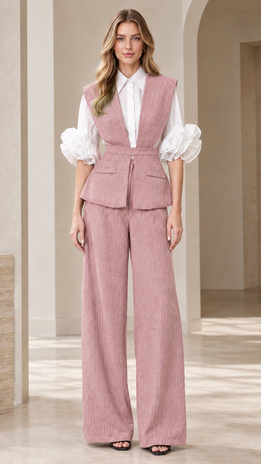 Women's dusty pink pinstripe vest and wide-leg pant suit set