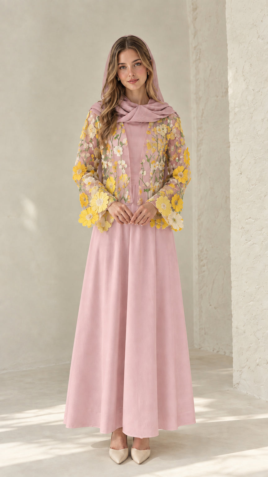 Soft pink maxi dress set with yellow floral lace overlay and matching pink scarf