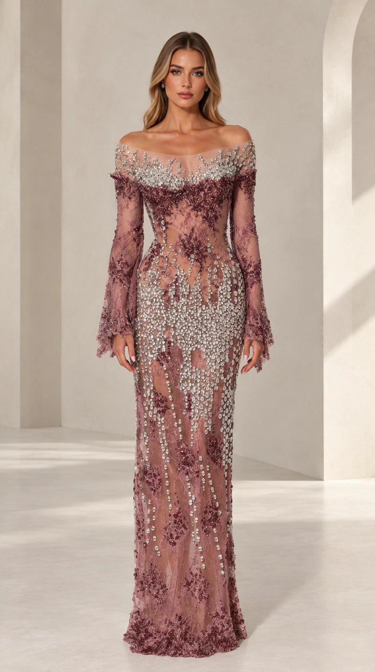 Dusty Rose beaded lace evening gown with flared sleeves