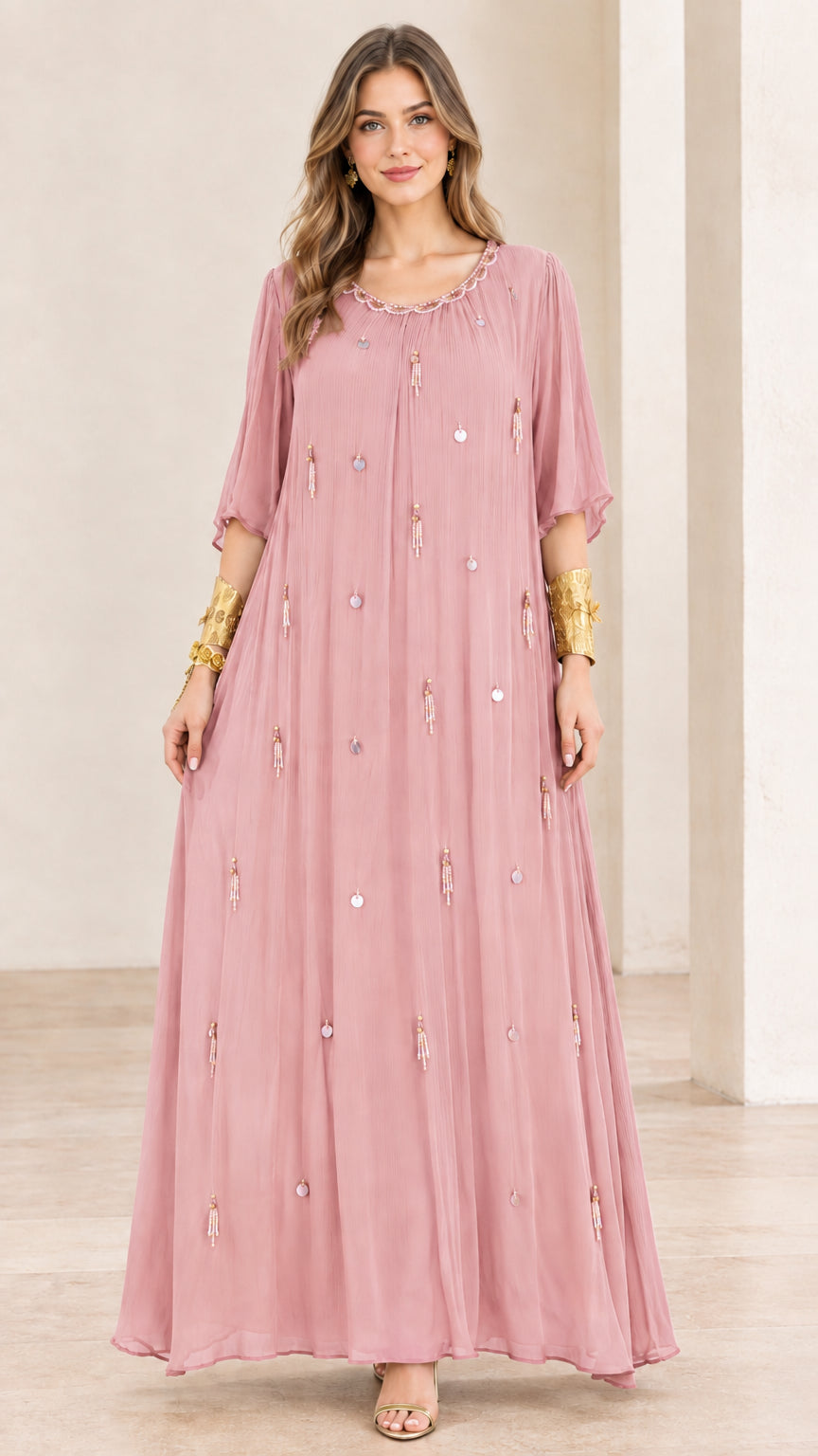 Full-length front view of dusty pink beaded pleated chiffon maxi dress