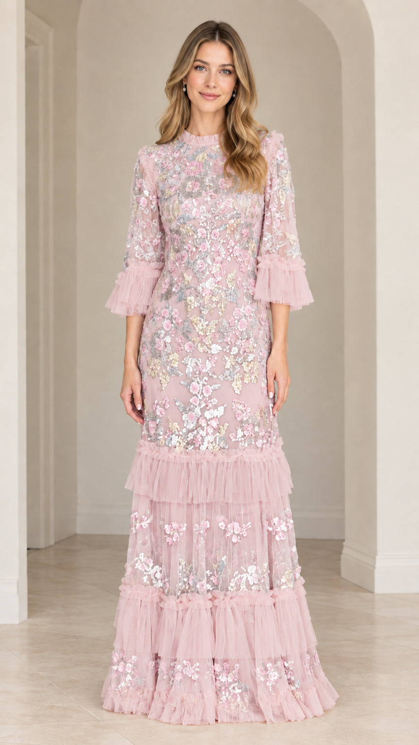 Blush Pink floral sequin embroidered tiered maxi evening gown