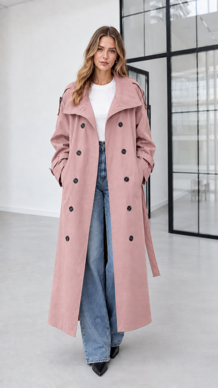 Full-length view of model wearing dusty pink double-breasted long trench coat
