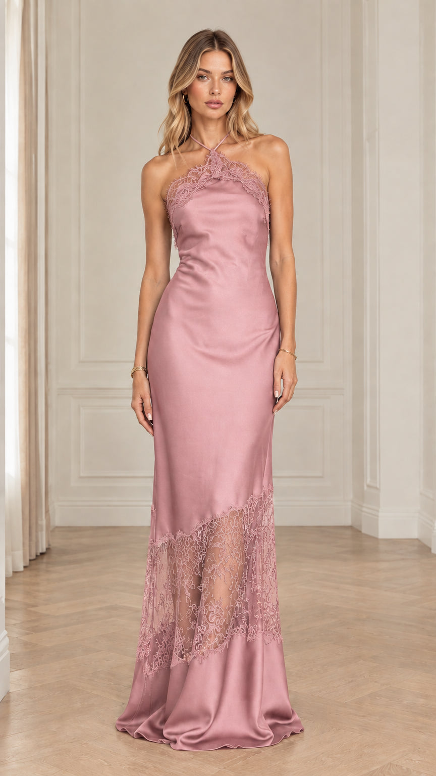 Dusty Rose Halter Neck Satin Maxi Dress with Lace Detail