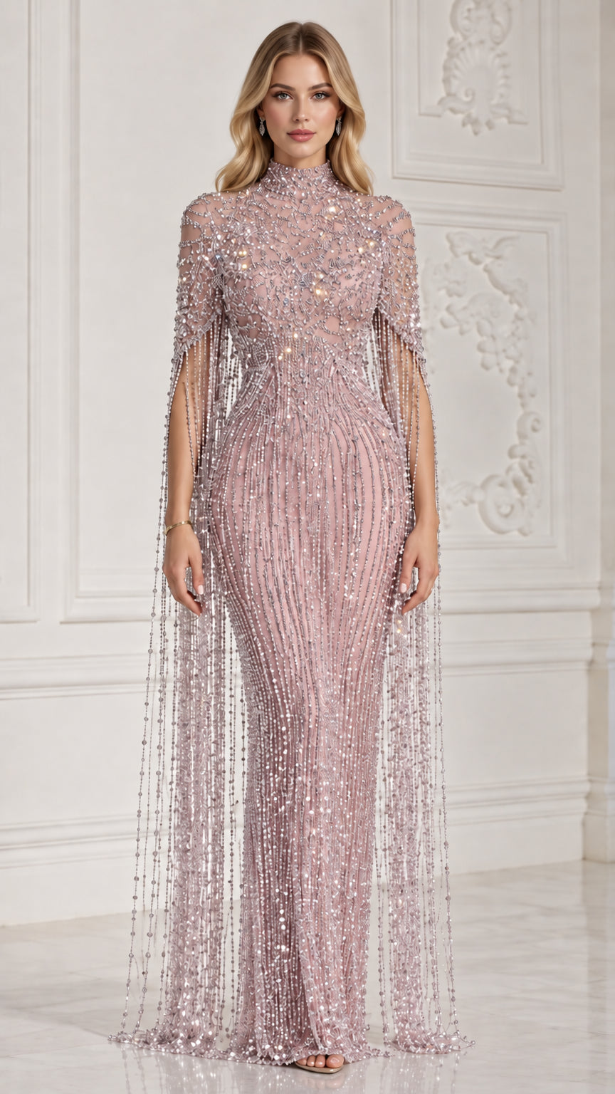 Dusty Rose pink embellished high neck evening gown with cascading beaded fringe sleeves
