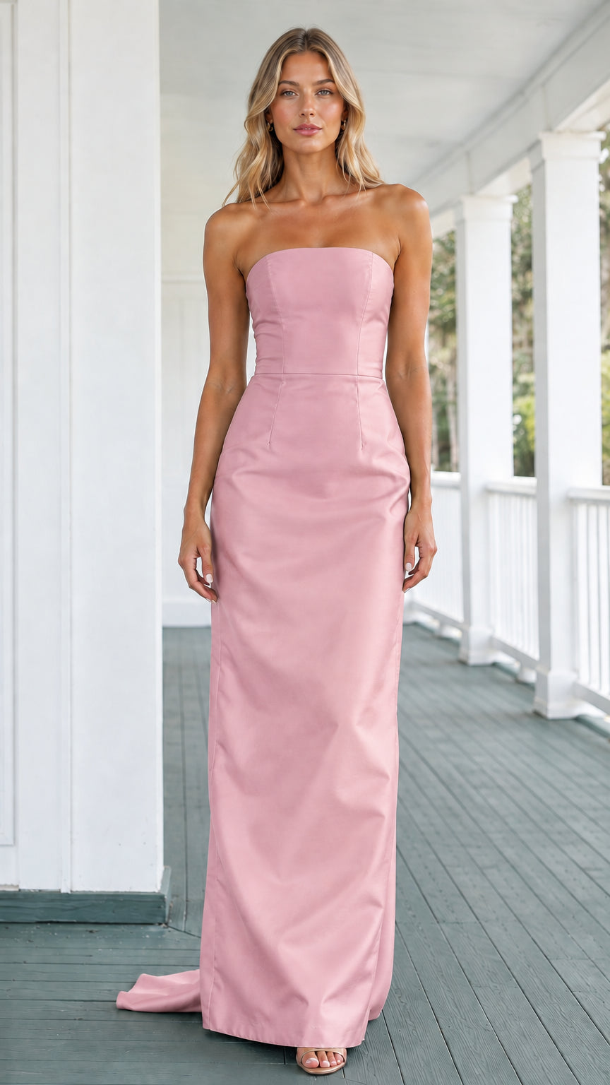 Model wearing blush pink strapless satin floor-length evening dress