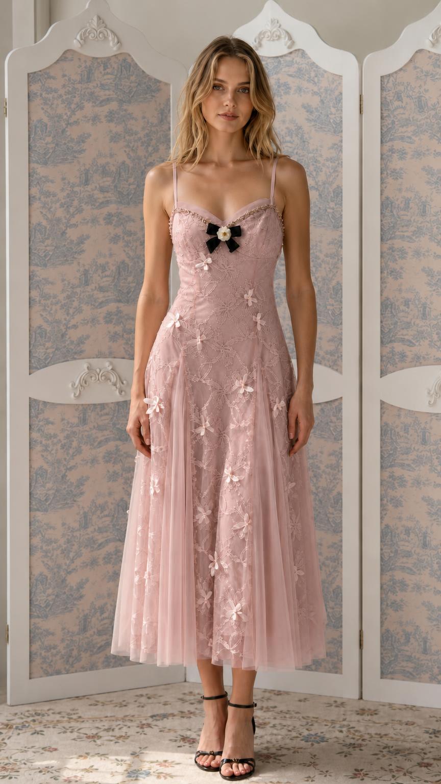 Front view of Pink floral embroidered tulle midi dress