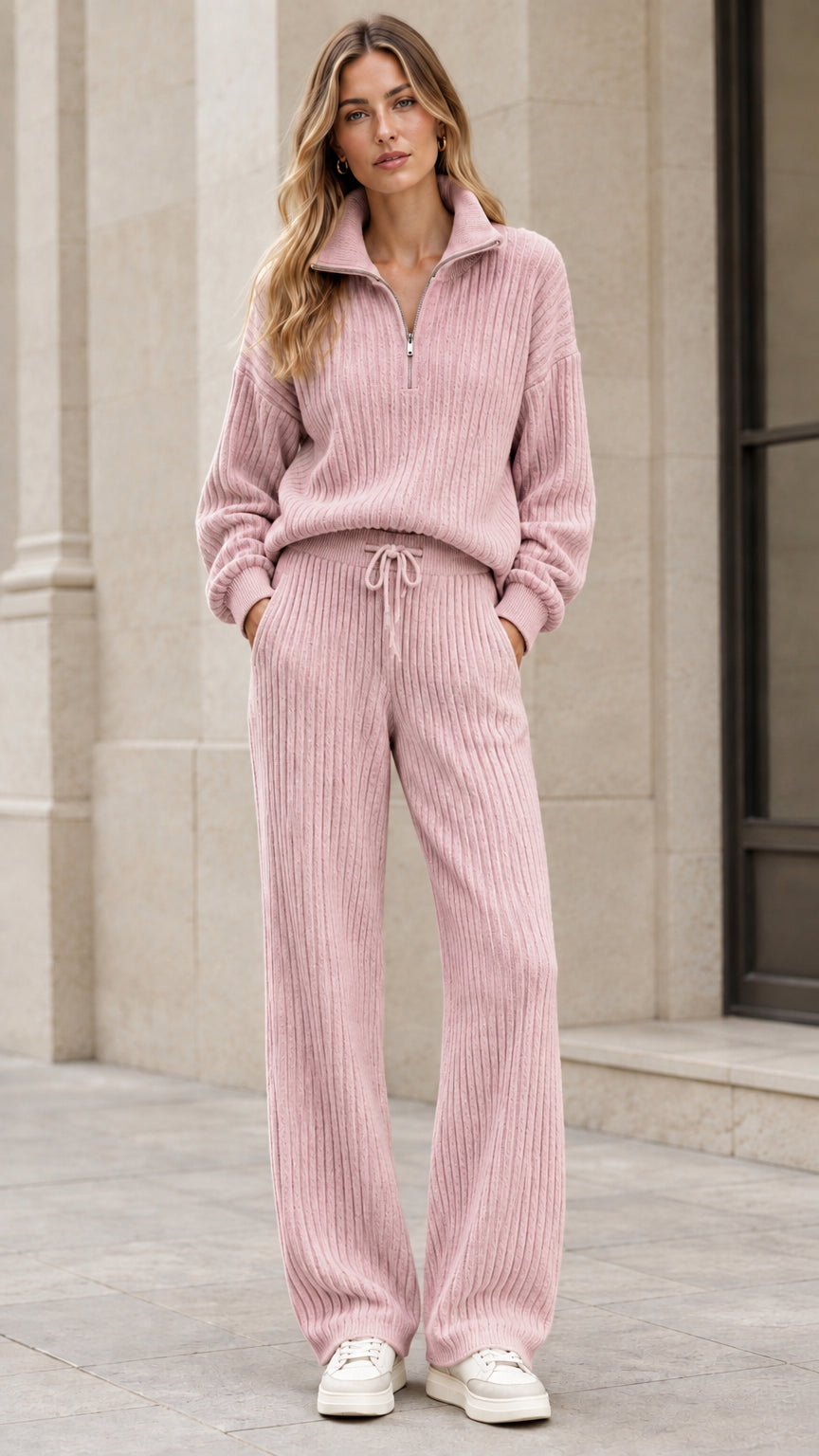Front view of woman wearing dusty pink ribbed knit two-piece matching set
