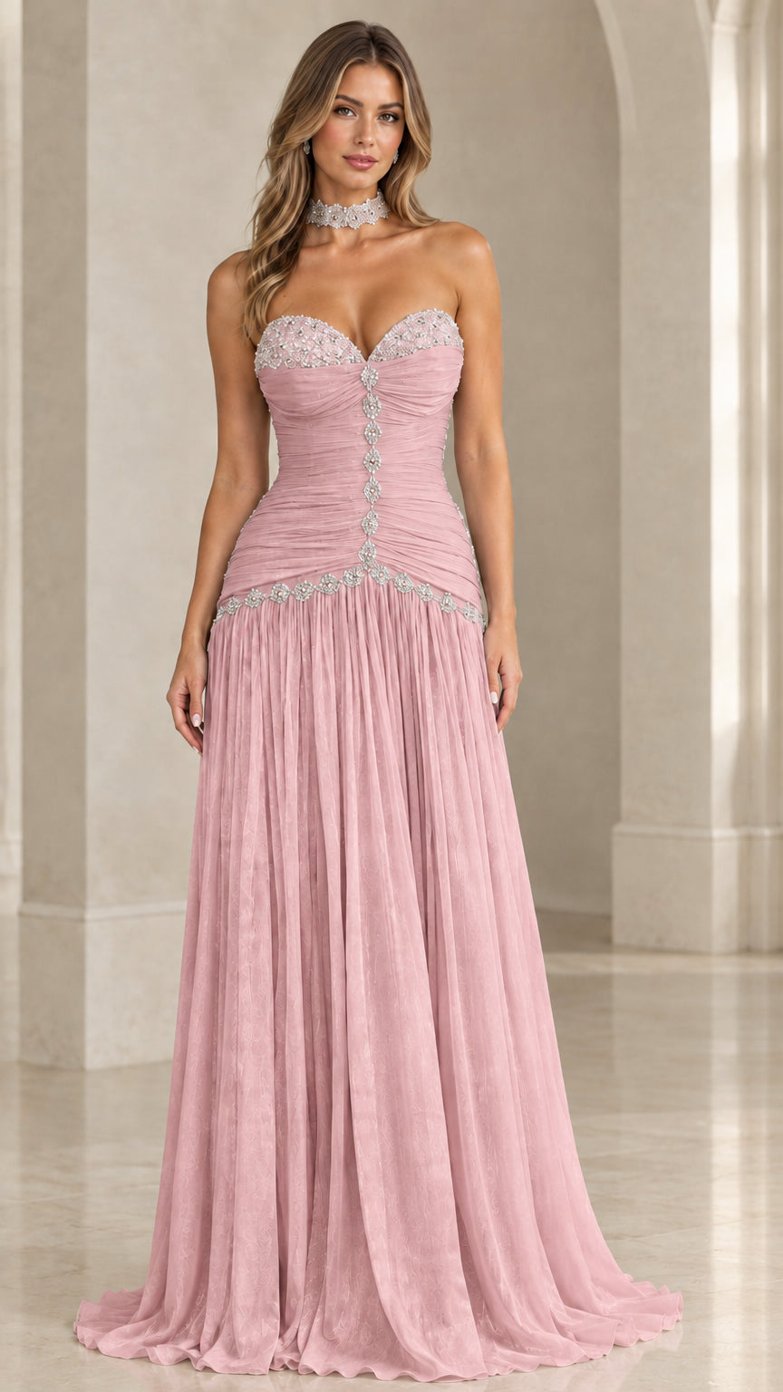 Dusty pink strapless ruched formal evening gown with beaded neckline