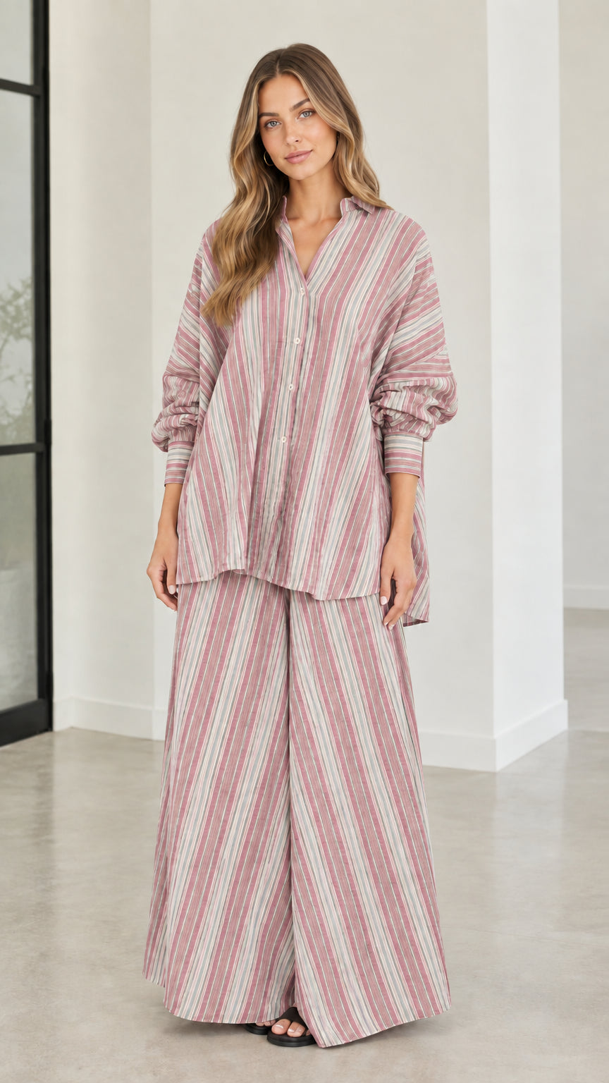 Model wearing rose pink vertical striped matching button-down shirt and pants set