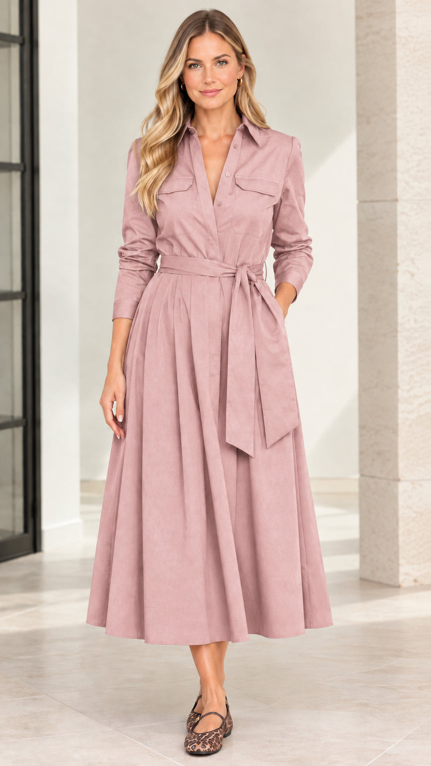 Model wearing dusty rose pink long sleeve belted midi shirt dress