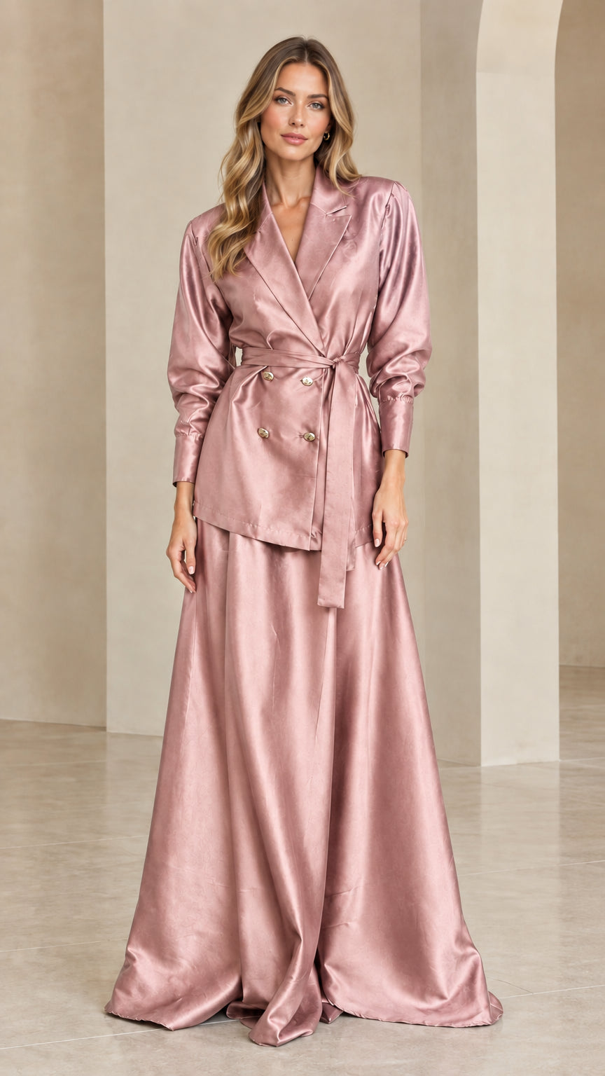 Woman wearing dusty rose pink satin blazer and maxi skirt set