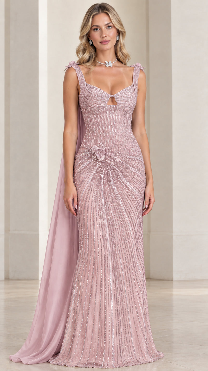 Model wearing blush pink beaded formal gown with sheer draped cape
