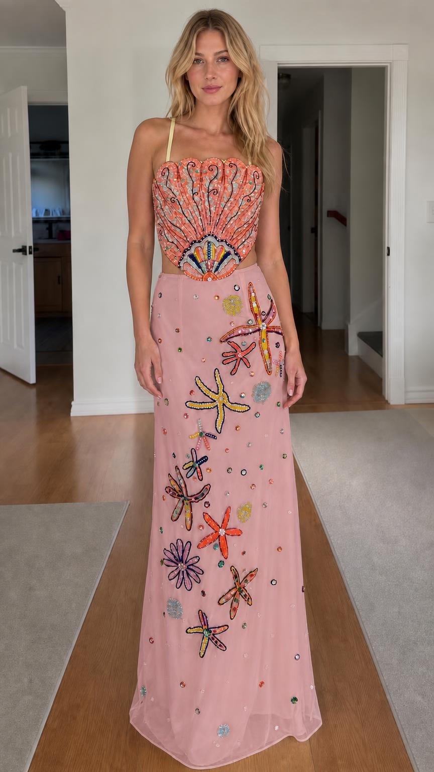 Model wearing pink color variant of beaded seashell two-piece dress