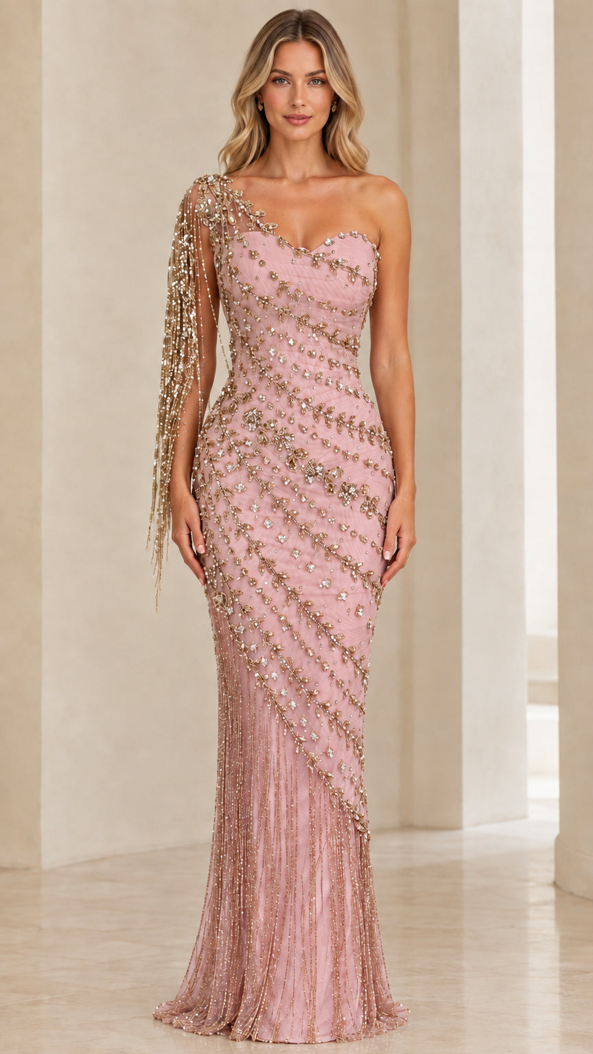 Front view of model wearing Blush Pink one-shoulder sequined mermaid evening dress