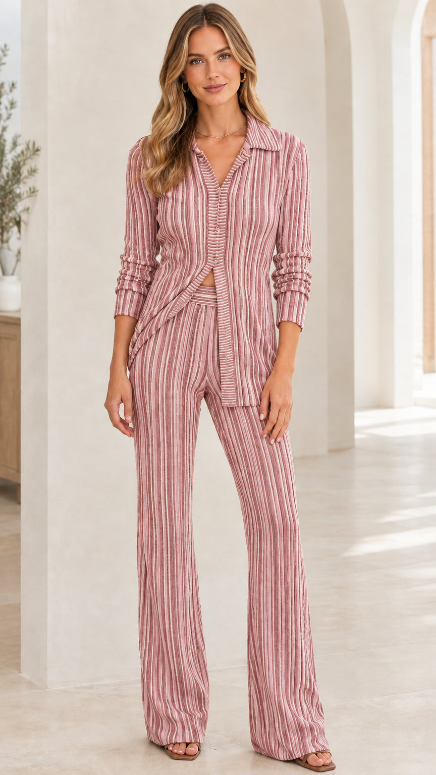 Front view of woman wearing Dusty Pink striped ribbed knit shirt and flare pants set