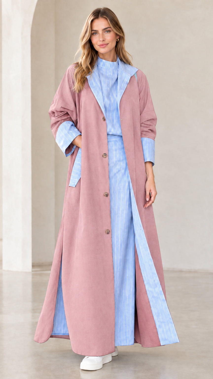 Women's dusty pink longline duster coat with contrast blue striped lapels