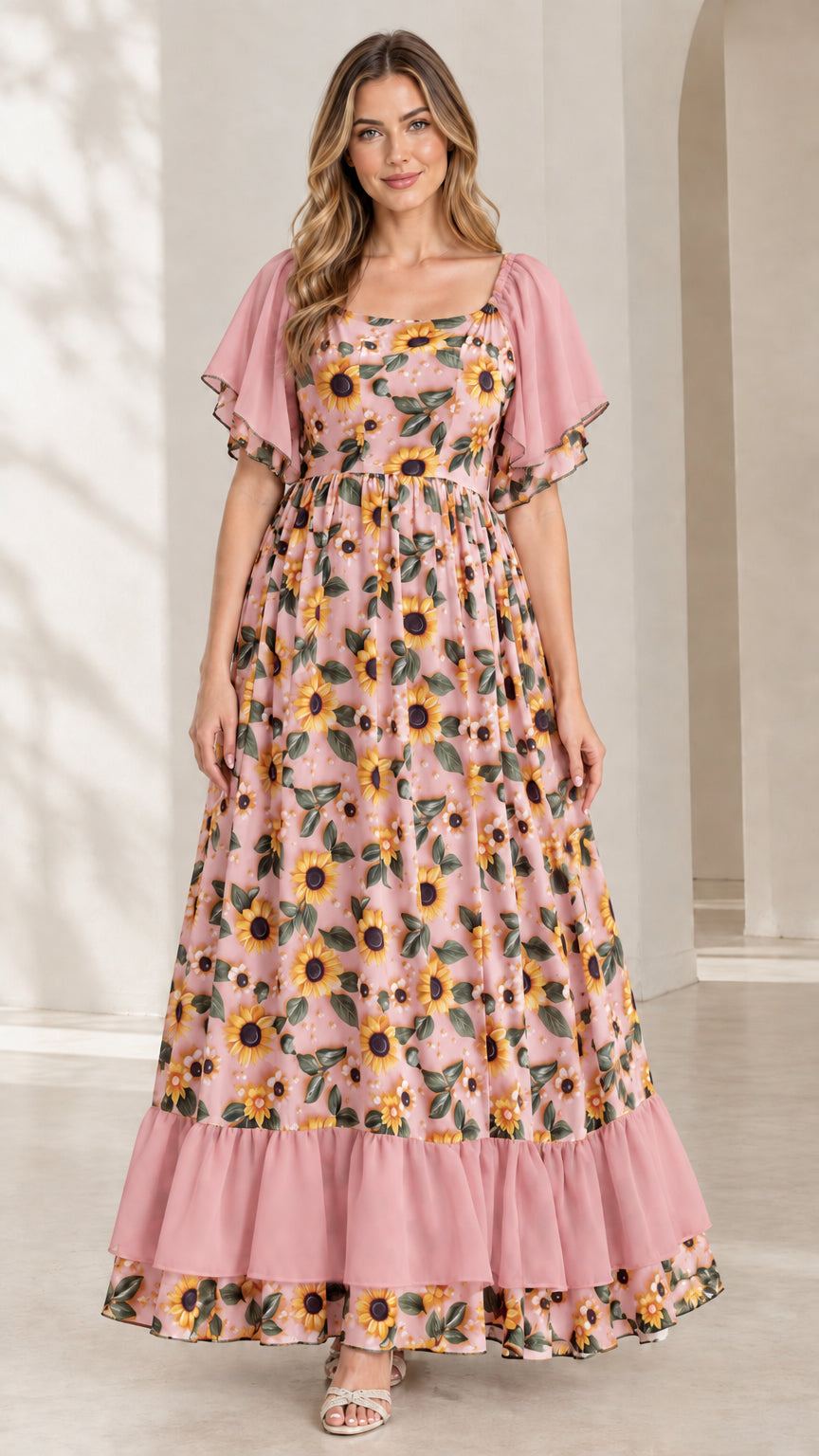 Full front view of dusty pink sunflower print square neck tiered maxi dress